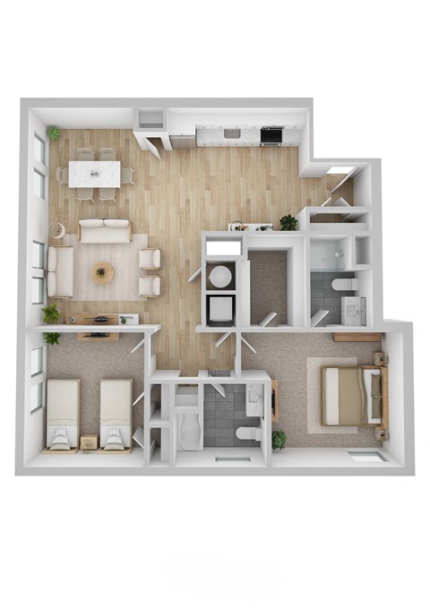 Floor plan for 2 beds, 2 baths, 1091 sqft